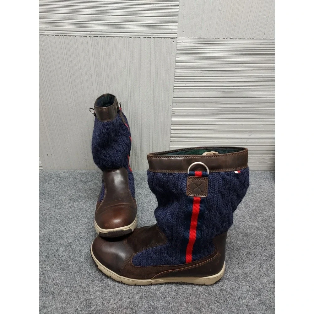 Tommy Hilfiger Men Sweater Boots 8.5M Navy Cable Knit Brown Leather Trim Outdoor